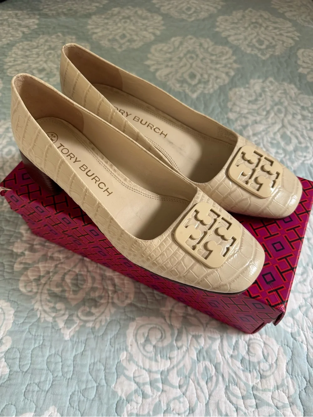 Tory Burch Cream Croc-Embossed Logo Heels